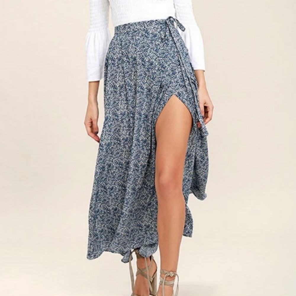 Lulu's Tempest Navy Blue Print Wrap Maxi Skirt